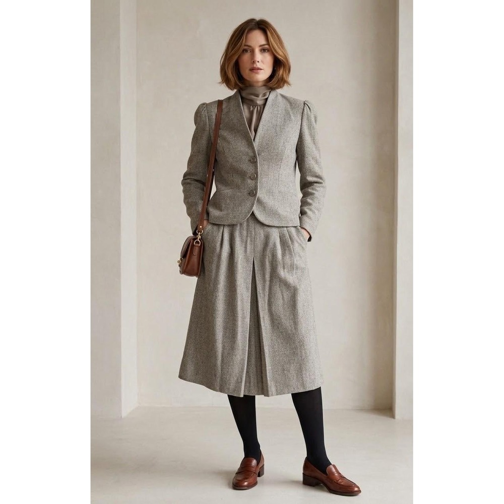 Peabody House Skirt Suit Womens VTG 11/12 Brown Wool Tweed VTG Blazer Midi Set